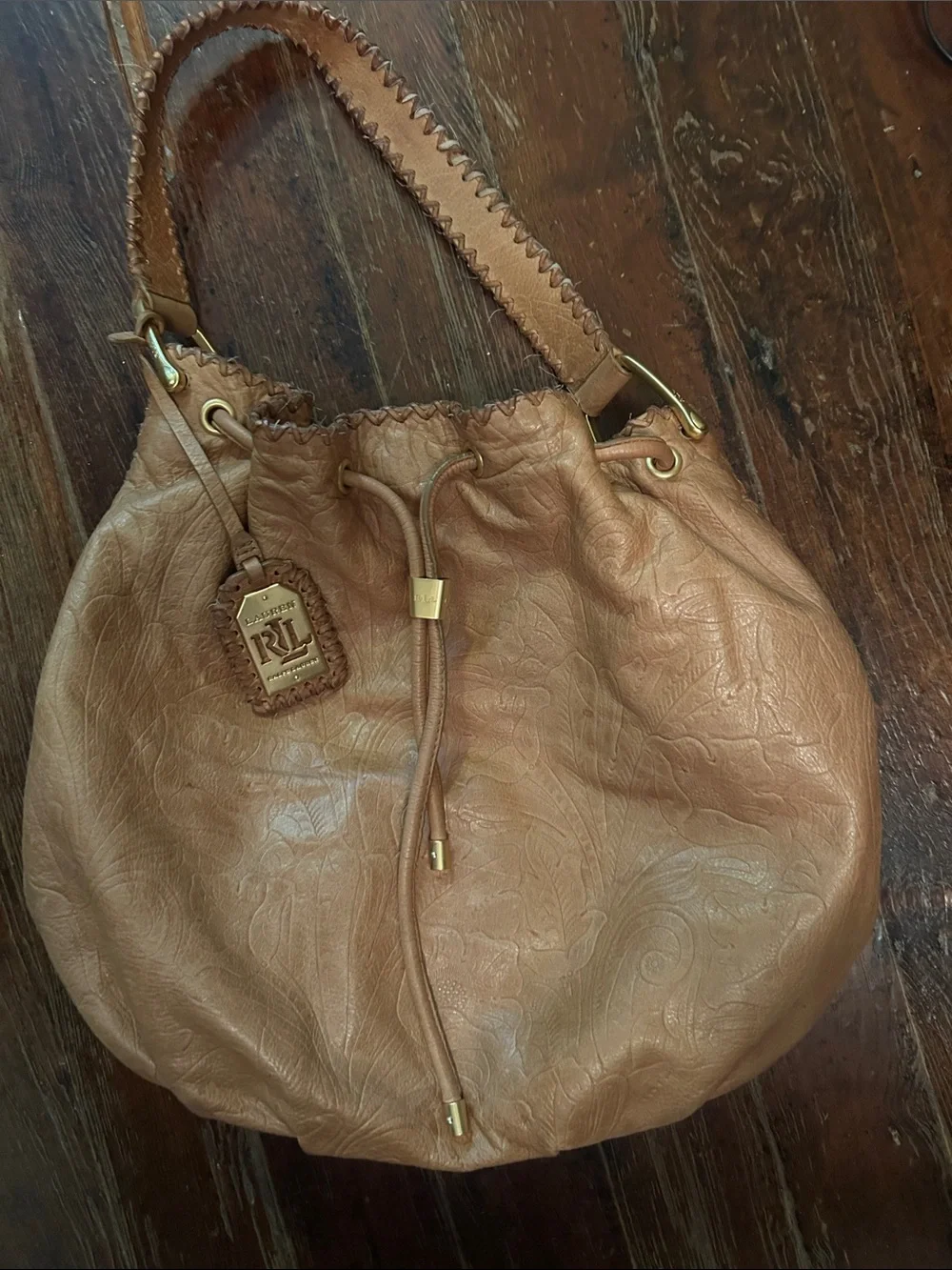 Ralph Lauren Tan Embossed Leather Drawstring Hobo